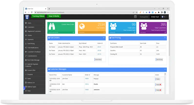 Custom Fuel App office dashboard showing orders, pricing controls, and customer messages